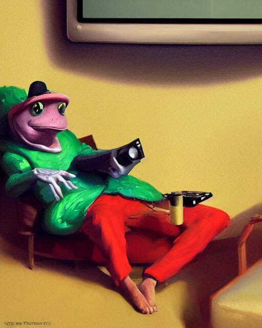 hyper realistic oil painting of toad watching a tv movie on the couch, back camera shot, vibrant colors, high contrast, by greg rutkowski, trending on artstation, caricaturist 