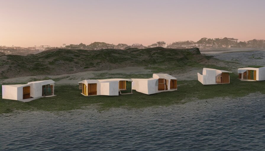 An architectural rending of an eco-community neighborhood of innovative contemporary 3D printed sea ranch style cabins with rounded corners and angles, beveled edges, made of cement and concrete, organic architecture, on the California coastline with side walks, parks and public space , Designed by Gucci and Wes Anderson, golden hour