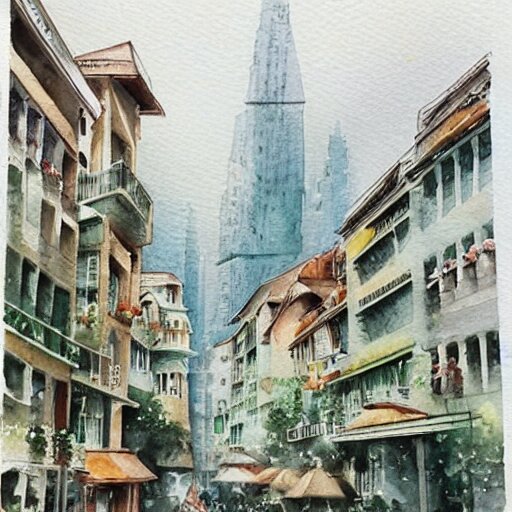 Beautiful picturesque charming futuristic city in harmony with nature. Nice colour scheme, soft warm colour. Beautiful detailed watercolor by Lurid. (2022)