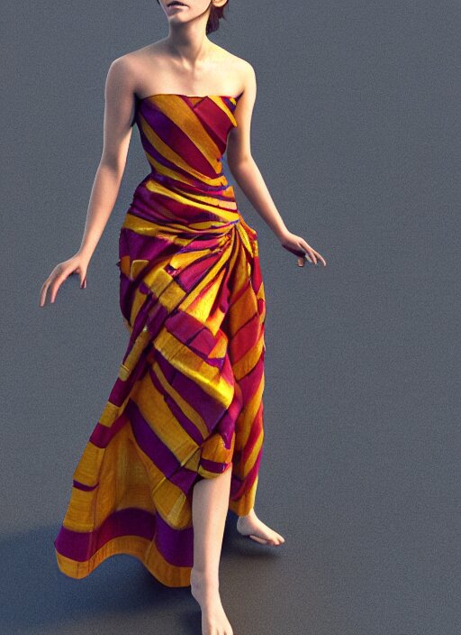 emma watson wearing assamese silk bihu mekhela strapless costume expertly draped maxi style dress by madeleine vionnet, assamese gamosa pattern, face by daz 3 d genesis and artgerm concept art 3 d octane render cinema 4 d v ray, unreal engine, hyper realistic hdr fabric textures, ray traced, bright lit cinematic studio fashion photography, real life like, daz iray shaders 