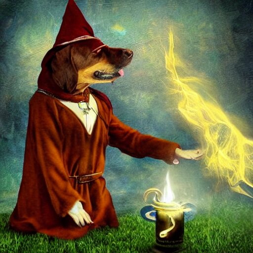 wizard dog as magic wizard casting spell surreal art