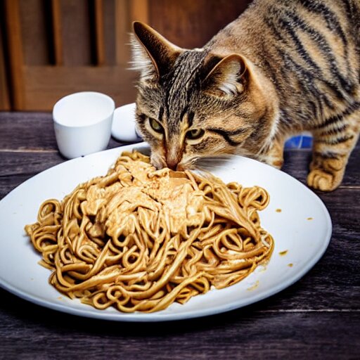 peanut butter and noodles on toast fat tabby cat watching over the food 