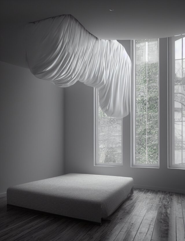 an ultra wide angle photo of a floating bed hovering above the floor in the middle of a giant tesselating bedroom with windows opening to other worlds by casey weldon and lee madgewick and m. c. escher, photorealistic, octane render, recursive!!!!, flowing, cascading, multiverse!!!!!!, labyrinthine 