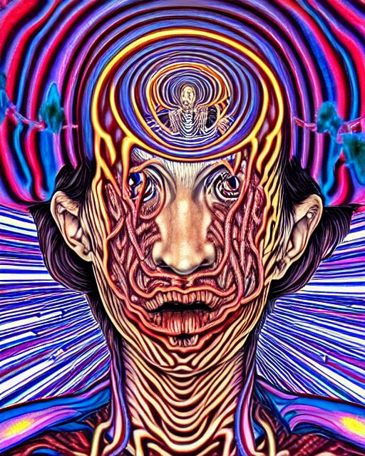 human spirit breaking away from the body, conjuring psychedelic background, part by shintaro kago, part by alex gray, ross tran, james jean, ultra realistic, highly detailed, 8 k, trending on artstation, symmetry 