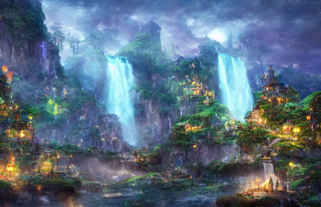 magical fantasy town, background : giant bioluminscent waterfall, quaint vibes, epic fantasy, ultra hd render + 4 k uhd + immense detail + very crisp and clear image 