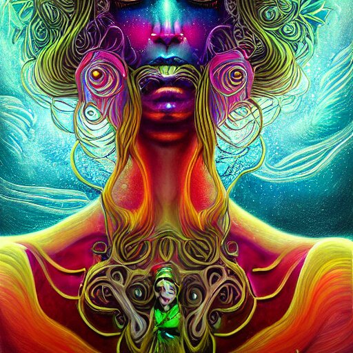 An extremely psychedelic portrait of deep sea goddess, surreal, LSD, face, detailed, intricate, elegant, lithe, highly detailed, digital painting, artstation, concept art, smooth, sharp focus, illustration