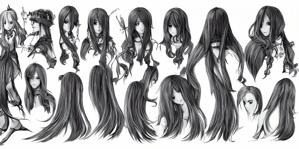 anime woman, long hair, fantasy theme, front side/back/view character sheet, three views, lineart, varying thickness, manga pen, traditional art, Indian ink, in the style of Final Fantasy IX, 3D modeling concept sheet, white background, orthographic view