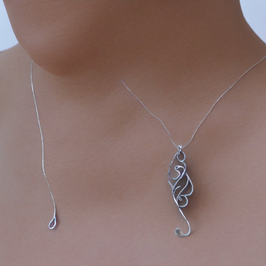 Amulet Of Wave inlaid in silver, on a young beautiful woman neck, realistic, clean,