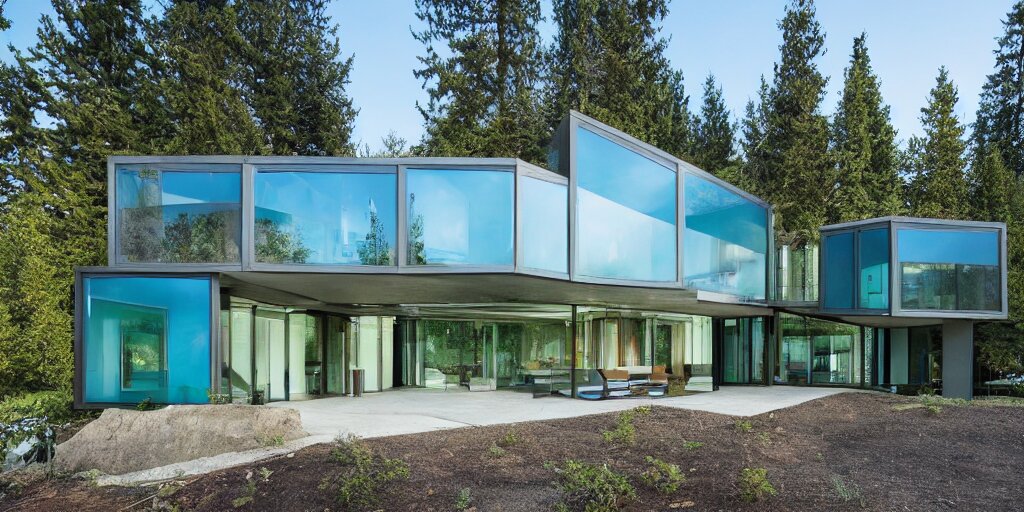 large futuristic residence, cascadian, blue concrete, large green glass windows, cuboid elements, blue metal 