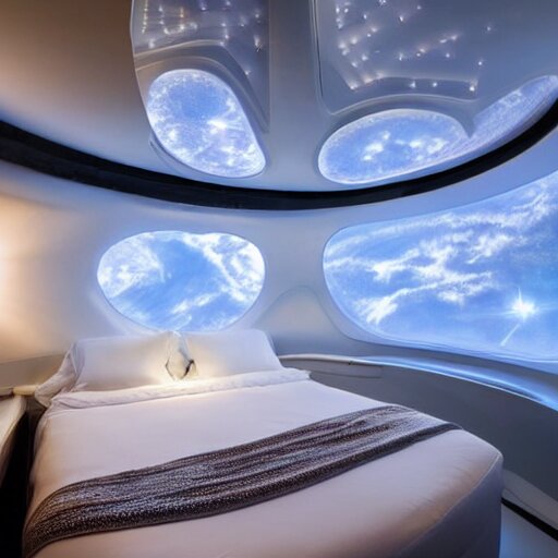  a king size bed with a white bed set in a futuristic space ship with windows looking into outer space, beautiful lighting photograph 