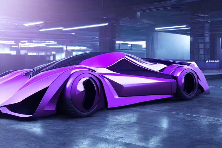 cyberpunk purple batmobile concept inspired sports car, futuristic look, highly detailed body, very expensive, photorealistic camera shot, bright studio setting, studio lighting, crisp quality and light reflections, unreal engine 5 quality render 