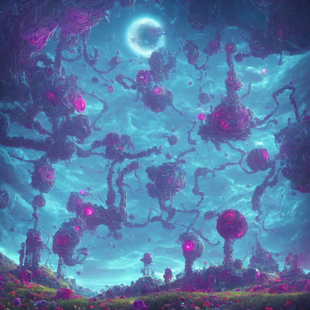 concept art, a world full of life divine thrill of the biological tranquil sky, atoms floating, cosmic horror, gothic harts, flowers, artwork by beeple and lisa frank, fantasy art, high - detailed, 8 k, uhd 