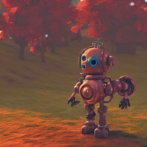 a cute rusty robot in breath of the wild, anime, 3 d render, octane 