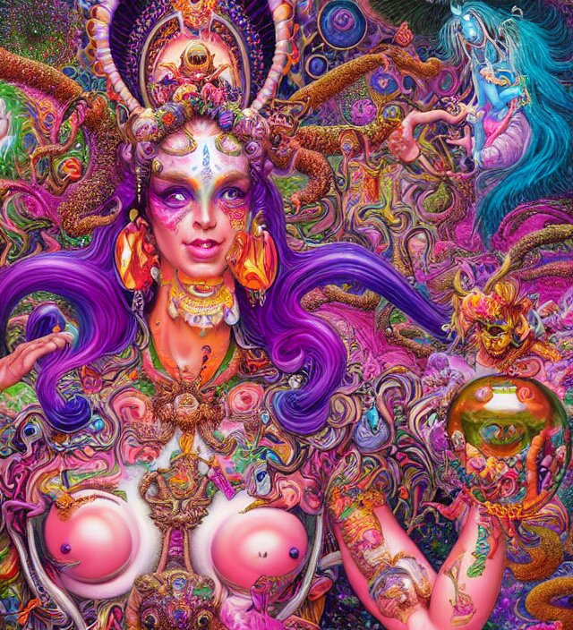 lisa frank inspired blotter acid fantasy character portrait of fertility goddess, ultra realistic, wide angle, intricate details, dharma artifacts, aum, highly detailed by hr giger, peter mohrbacher, wayne barlowe, boris vallejo, hajime sorayama aaron horkey, gaston bussiere, craig mullins 