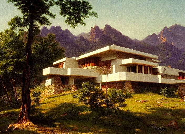 painting of a frank lloyd wright house in front of beautiful mountains by albert bierstadt 