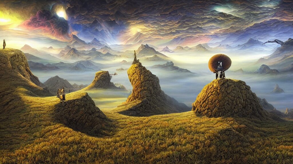 fantasy landscape with anthropomorphic!!! terrain!!! in the styles of igor morski, jim warren, and rob gonsalves, intricate, hyperrealistic, volumetric lighting, big sky, distinct horizon 