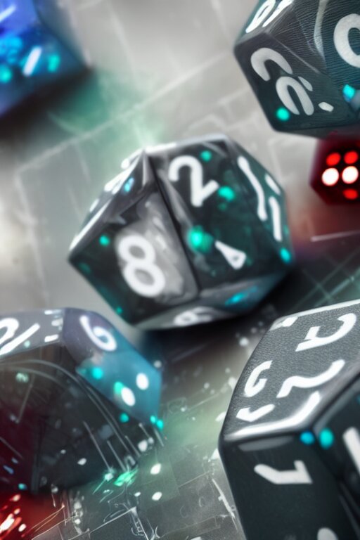 closeup, of one futuristic sci-fi Twenty sided dice, in the background players at a table that are in still high tech suites, bokeh, sharp focus, intricate concept art, highly detailed, 8k, cinematic, sharp focus