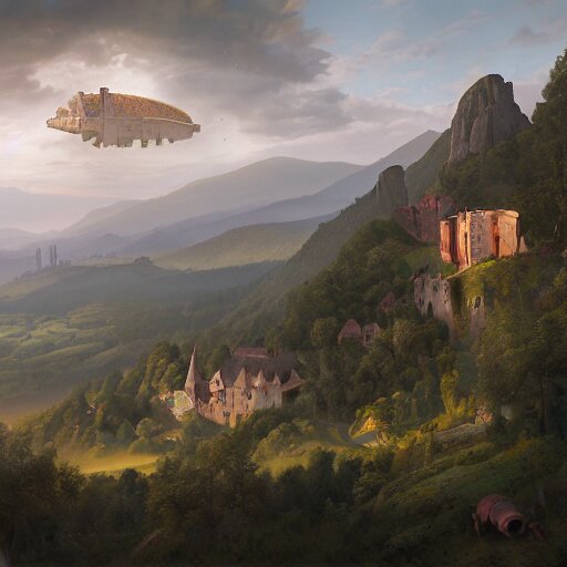 Vast verdant valley surrounded by Transylvanian mountains, with a large zeppelin hovering in the foreground, and a ruined medieval castle on the hillside in the background. No villages. Late evening light in the summer, gloomy weather. Hyperrealistic, high quality, sharp, highly detailed, peter mohrbacher,.