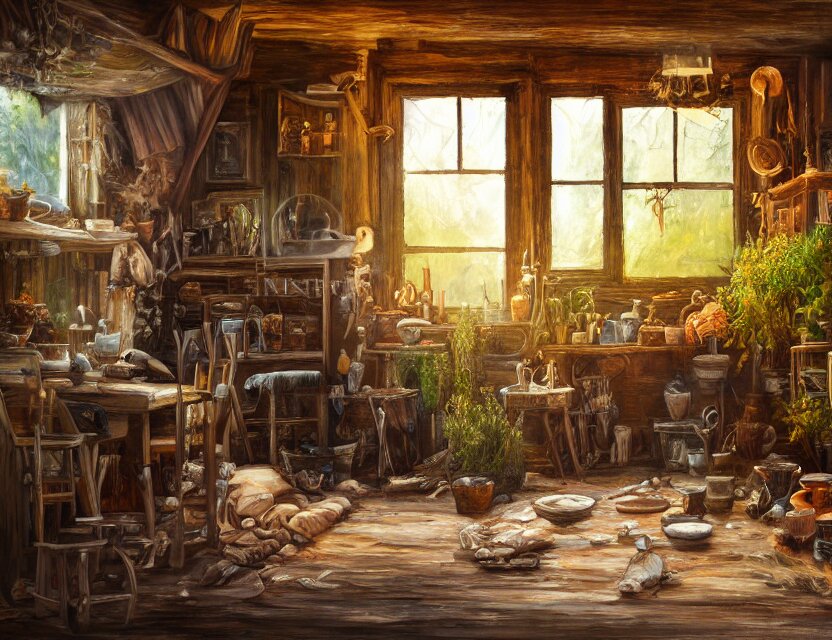 expressive rustic oil painting, interior view of a cluttered herbalist cottage, waxy candles, cabinets, wood furnishings, herbs hanging, wood chair, light bloom, dust, ambient occlusion, morning, rays of light coming through windows, dim lighting, brush strokes oil painting