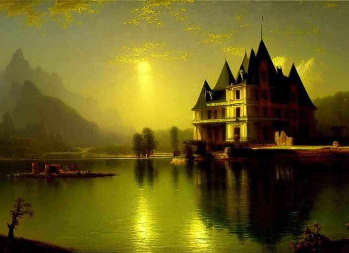 beautiful illustration of chateau in a serene landscape, by albert bierstadt, magic realism, narrative realism, beautiful matte painting, heavenly lighting, retrowave, 4 k hd wallpaper h 7 2 0 