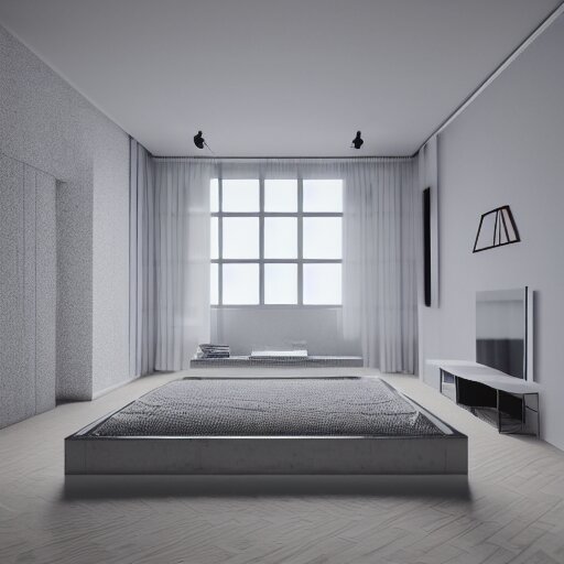 symmetry, parallax mapping of brutalist bedroom, minimalist architecture, minimalist furniture, octane render, high quality 