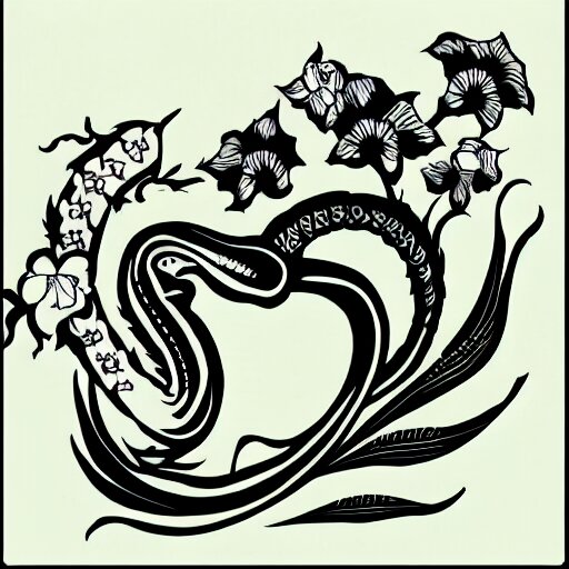 tattoo design, stencil, tattoo stencil, traditional, a cobra with its fangs out surrounded by flowers