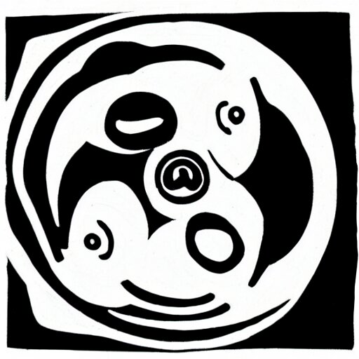 a pregnant robot woman giving birth to a yin - yang daoist symbol emerging out of womb, full body black and white drawing 