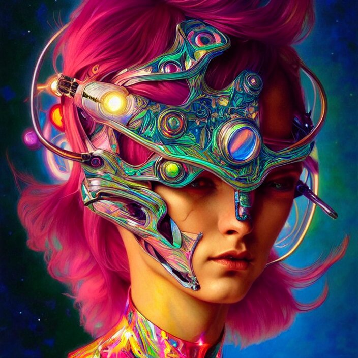 bright psychedelic animal cyborg, diffuse lighting, fantasy, intricate, elegant, highly detailed, lifelike, photorealistic, digital painting, artstation, illustration, concept art, smooth, sharp focus, art by John Collier and Albert Aublet and Krenz Cushart and Artem Demura and Alphonse Mucha