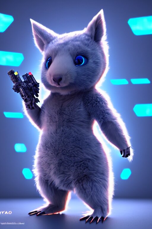 high quality 3 d render sci - fi very cute mecha & fluffy! wombat!! hybrid! fighting, highly detailed, unreal engine cinematic smooth, in the style of blade runner & detective pikachu, hannah yata charlie immer, dark blue neon light, low angle, uhd 8 k, sharp focus 