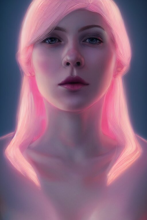 Portrait of a beautiful pale skin Nordic female with short pink hair, elegant, photorealistic, highly detailed, artstation, smooth, sharp focus, gold ornaments, neon lighting, sci-fi, art by Klimt.