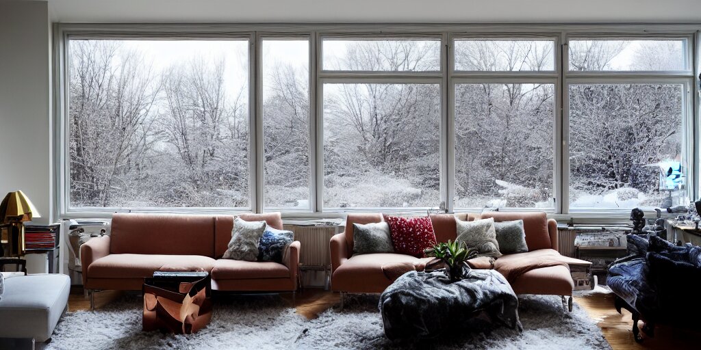 wide angle photograph, atmospheric, outside window ice winter snow, detailed, realistic lighting, sunlight, reflections, award winning contemporary interior design by kelly wearstler and nate berkus, living room, city apartment, cozy calm! fabrics textiles, books, paintings, colorful accents, brass copper, many light sources, lamps, oiled hardwood floor, plants, book shelves, couch, desk, mirrors 