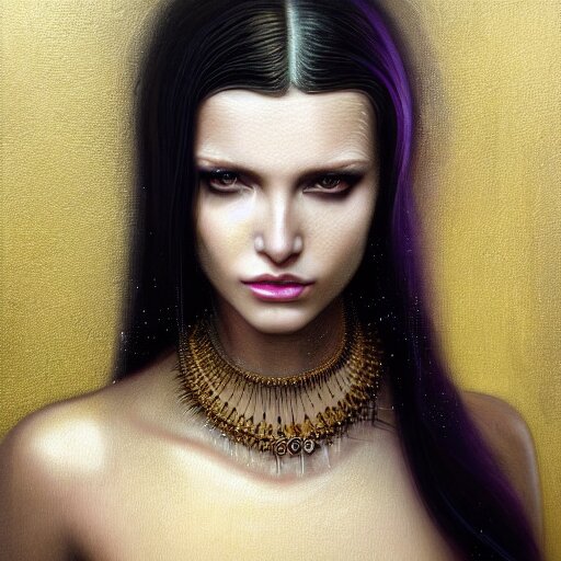 Facial portrait of a gorgeous cyberpunk girl, looking away from the camera, seductive smile, gold jewellery, elegant revealing intricate dress, sparkle in eyes, lips slightly parted, long flowing hair, no hands visible, diamonds, science fiction, delicate, teasing, arrogant, defiant, bored, mysterious, intricate, extremely detailed painting by Mark Brooks (and by Greg Rutkowski), visible brushstrokes, thick paint visible, no light reflecting off paint, vibrant colors, studio lighting