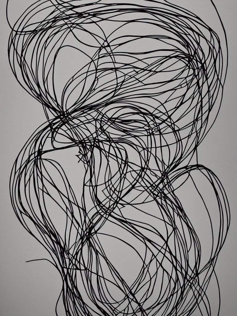 elegant minimalist metal wire art of symmetrical and emotional dramatic female facial features and silhouette, influenced by one line drawings, curves, twirls and spirals 