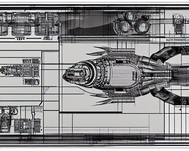 a full page of a mechanical blueprint showing the interior of gamera, with a big head, muted colors, post grunge, studio ghibli, hq, 