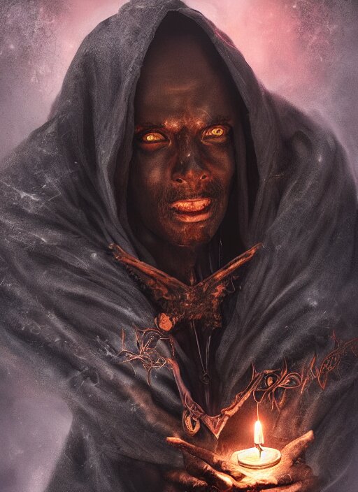 black magic sorcerer with a book of spells, dramatic, death, cinematic, ultra realistic, 8 k, highly detailed, trending on artstation 