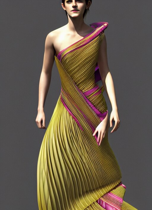 emma watson wearing finely pleated silk bihu mekhela strapless costume expertly draped goddess style dress by madeleine vionnet, assamese gamosa pattern, face by daz 3 d genesis and artgerm concept art 3 d octane render cinema 4 d v ray, unreal engine, hyper realistic hdr fabric textures, ray traced, bright lit cinematic studio fashion photography, real life like, daz iray shaders 