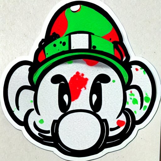 die cut sticker, yoshi wearing mario's mustache, splatter paint 