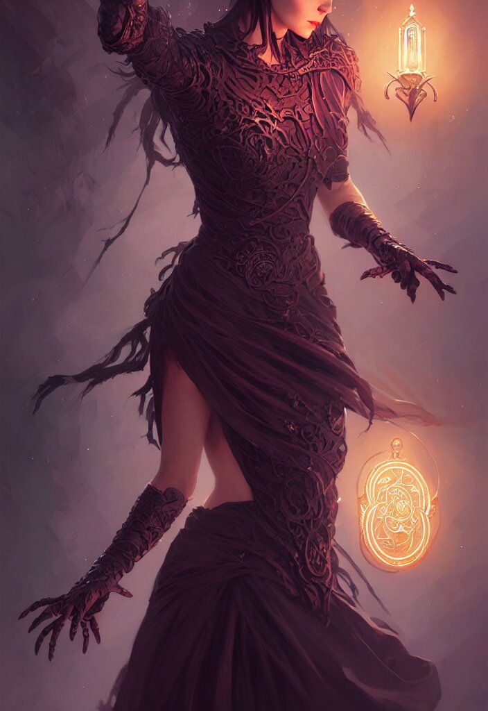 Necromancer Sorceress, fantasy magic, undercut hairstyle, dark light night, intricate, elegant, sharp focus, illustration, highly detailed, digital painting, concept art, matte, art by WLOP and Artgerm and Greg Rutkowski and Alphonse Mucha, masterpiece