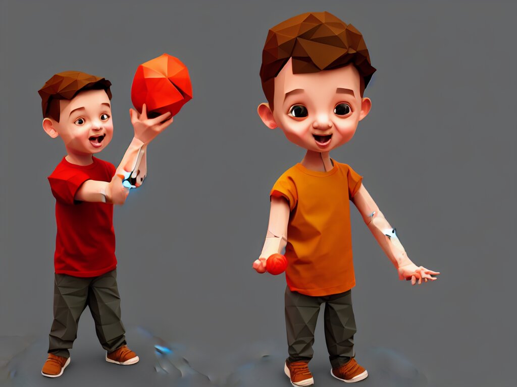 a young boy holding a toy, rolled up sleeves, character design, low poly, pinterest, 4 k 