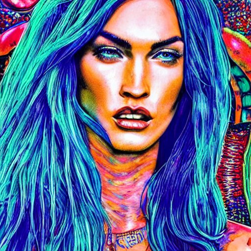 an extremely psychedelic portrait of megan fox as mgk, surreal, lsd, face, detailed, intricate, elegant, lithe, highly detailed, digital oth, sharp focus, illustration, 