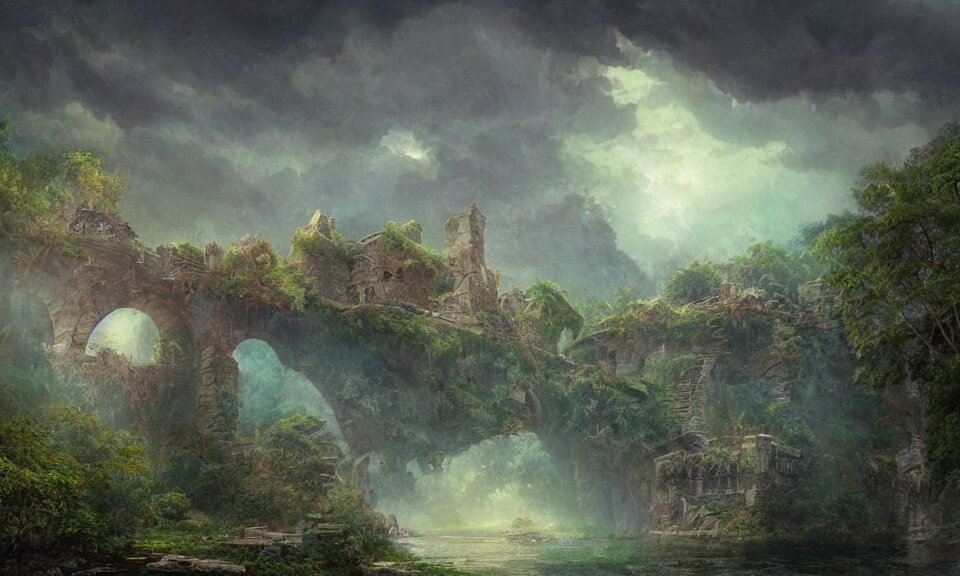 a suspension bridge leading to a small flying island in the sky with the ruins of a tower, stunning digital illustration, by james gurney, cinematic lighting, intense colors, beautiful composition, detailed, mystical, beautiful and mysterious 