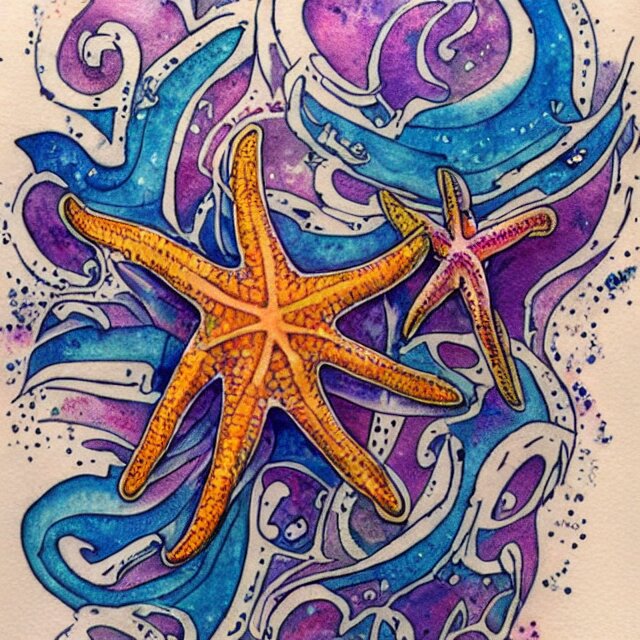 starfish, tattoo design, watercolor, maximalist, high detail 