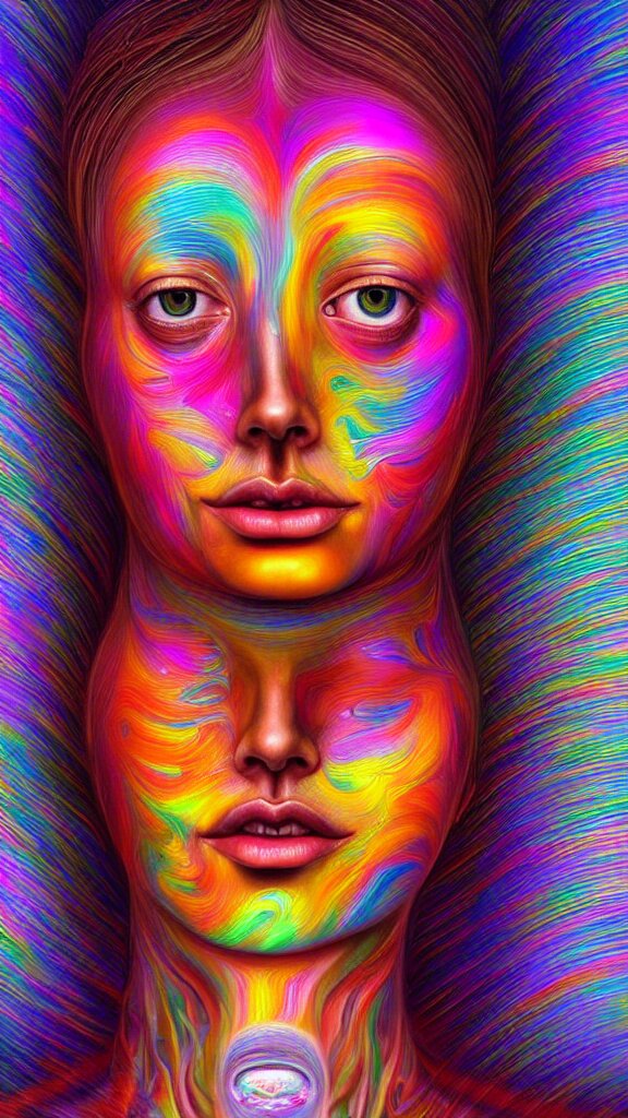 hyperrealistic abstract close-up female! portrait Renaissance psychedelic!! celestial happy! pure creature!! perfect!! face! peaceful! kind spirit of nature! beautiful fractal!! eyes! highly detailed concept art eric zener elson peter cinematic hard rainbow lighting high angle hd 8k sharp shallow depth of field endless, inspired by Zdzisław Beksiński Salvador Dali