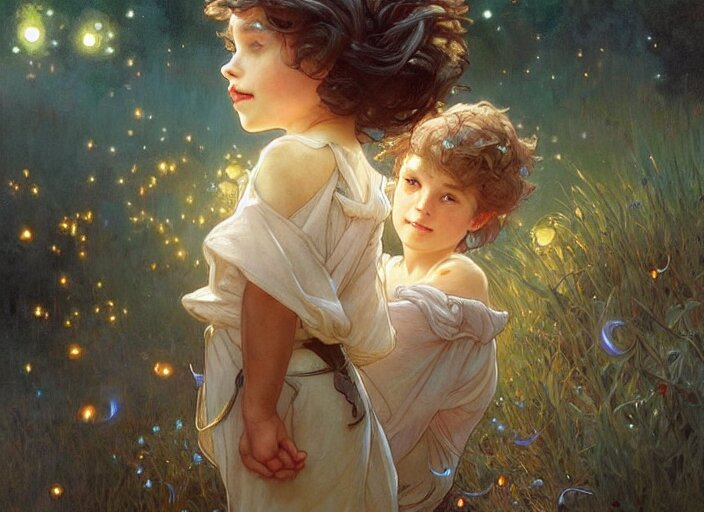 A cute little girl with shoulder length curly brown hair and a cute little boy with short blonde hair dancing with fireflies. beautiful fantasy art by By Artgerm and Greg Rutkowski and Alphonse Mucha, trending on artstation.