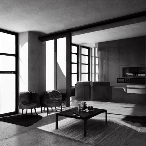 brutalist house interior design ominous dark powerful giant open space high quality furniture octane render 