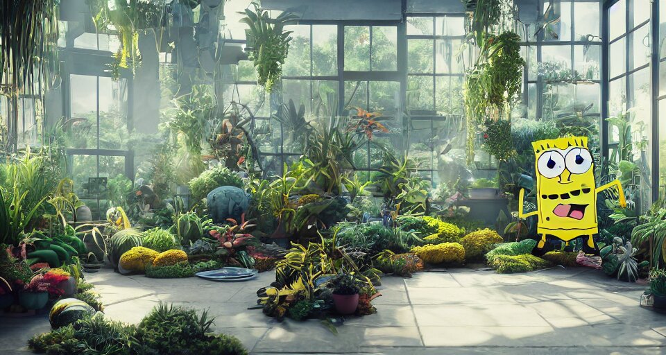 Lexica - Spongebob hanging out in a sunroom made of plants and filled ...