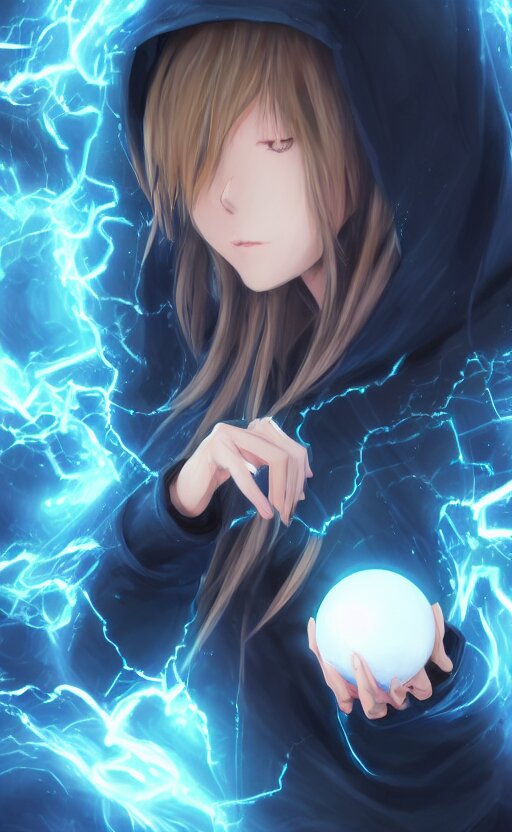 anime girl with wavy white hair in a hoodie holding an electric ball, WLOP, concept art, digital painting, trending on artstation, highly detailed, epic composition, 8k UHD