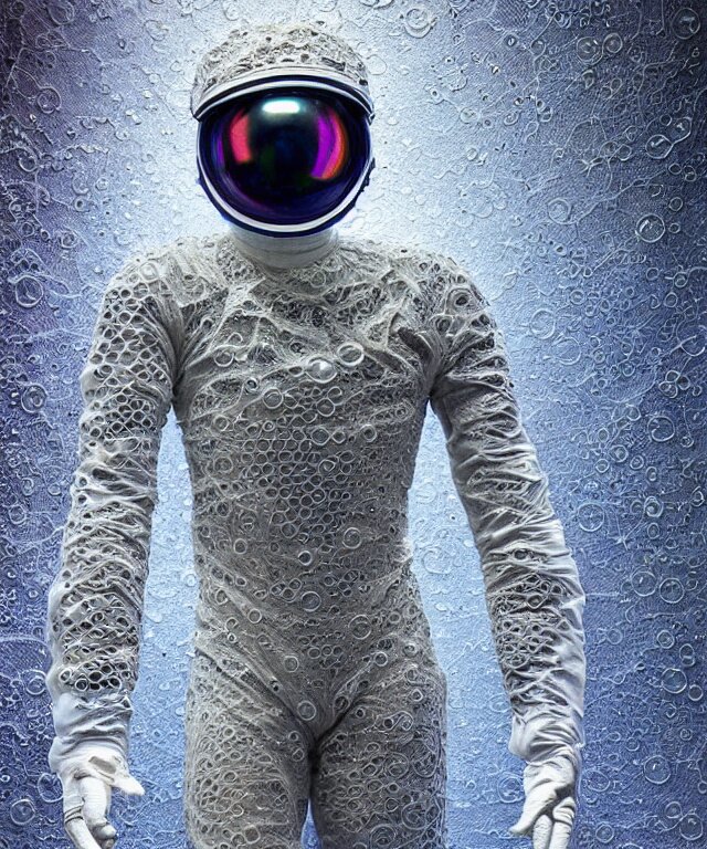 realistic extremely detailed  photo style  painting of a complete astronaut suit with exposed diamond 3d fractal lace iridescent bubble 3d skin clear brain+ one hand holding a glowing sparkle plasma spear and multiple chest  arm and legs chelate appendages and in a jumping float Pose
inside a  room made of black diamond iridescent fractal lace bubble materials,
monolithic retro futuristic ,water , by style hybrid mix of beeple+Anton Pieck+Jean Delville+ Amano,Yves Tanguy+ Alphonse Mucha+ Ernst Haeckel+ Edward Robert Hughes+Stanisław Szukalski , 
rich moody colors,diamond dust glitter and sparkles, holographic krypton ion,blue eyes,octane render,4k,
f32,55mm photography,wide angle ,jumping float Pose,full shot,full grok  