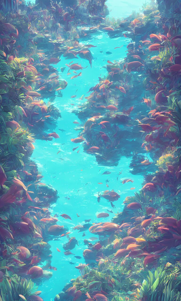 bordeaux under water immerged in a paradisiac lagoon full of tropical fish, butterflies, palms and surrounded by riverfalls, global illumination lighting artstation, lois van baarle, ilya kuvshinov, rossdraws 