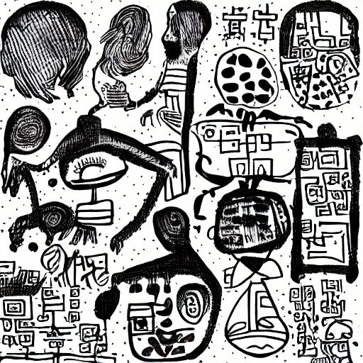 black and white composition of a variety of doodles, drawings, faces, symbols, cartoons, lineart, chinese ink brush 